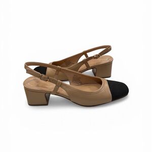 JustFab Two-Tone Slingback Block Heel Pumps in Tan and Black